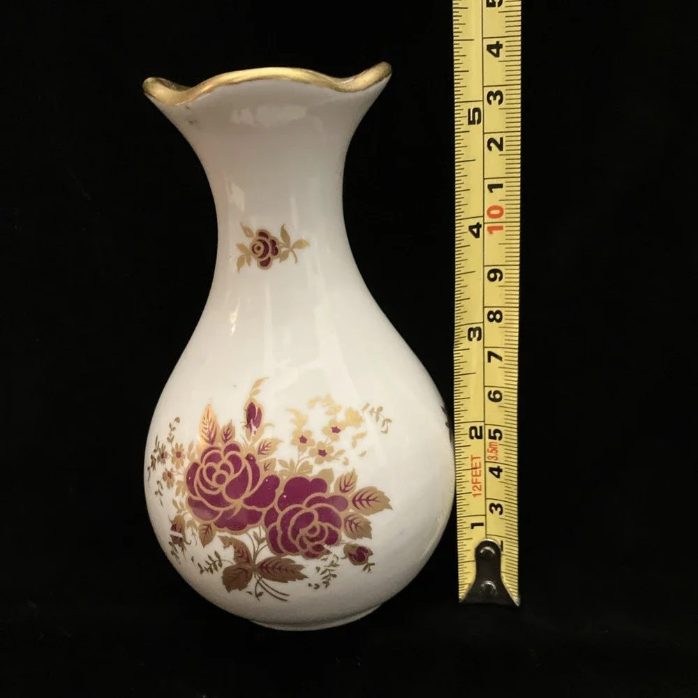 Osborne China 24k Gold Trim Hand Painted Vintage Vase Burgundy Red Yellow Floral